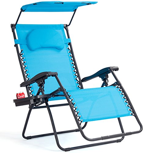 Goplus Folding Zero Gravity Lounge Chair Wide Recliner for Outdoor Beach Patio Pool w/Shade Canopy (Blue Zero Gravity Chair)