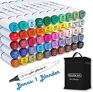 Shuttle Art 51 Colors Dual Tip Alcohol Based Art Markers, 50 Colors plus 1 Blender Permanent Marker Pens Highlighters with Case Perfect for Illustration Adult Coloring Sketching and Card Making