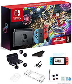 Newest Nintendo Switch Console with Neon Blue and Neon Red Joy-Con + Mario Kart 8 Deluxe(Full Game Download) + 3 Month Nintendo Switch Online Individual Membership + GalliumPi Deluxe 16-in-1 Bundle