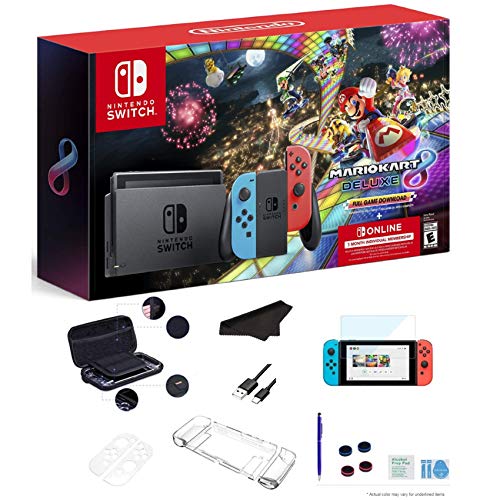 Newest Nintendo Switch Console with Neon Blue and Neon Red Joy-Con + Mario Kart 8 Deluxe(Full Game Download) + 3 Month Nintendo Switch Online Individual Membership + GalliumPi Deluxe 16-in-1 Bundle