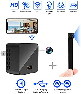 Spy Camera Charger WiFi Hidden Cameras 1080P Wireless Surveillance Video Camera Covert Nanny Cam USB Wall Adapter Mini Cams Plug Rechargeable for Home Security w/ 2 Lens/Night Vision/Motion Detection