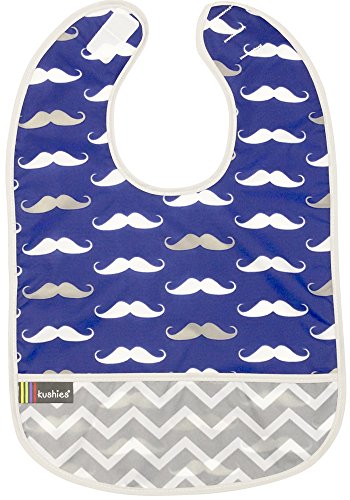 Kushies Cleanbib Waterproof Feeding Bib with Catch All/Crumb Catcher Pocket. Wipe Clean and Reuse! Lightweight for Comfort, Baby Boys, 6-12 Months, Navy Mustache