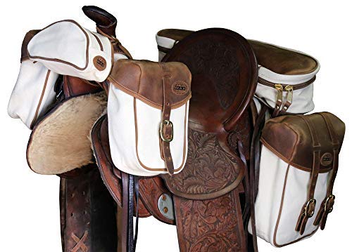 TrailMax Canvas & Leather 4-PC Horse Saddle Bag Set for Trail Riding, Includes Saddlebags, Cantle Bag, Pommel Pocket & Pommel/Horn Bags, All Have Premium Leather, Rugged Canvas & Brass Hardware