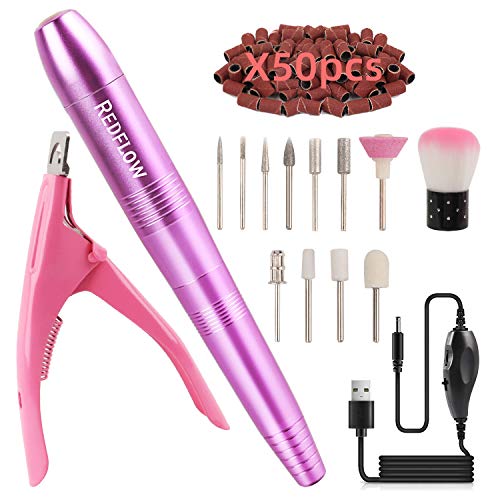 RedFlow Electric Nail Drill Acrylic Nail kit set For Nail File Exfoliating Abrasive Polishing Manicure Pedicure Shape Tool with 11Pcs Nail Drill Bits,brush,nail cutter and 50 Sanding Bands (purple)