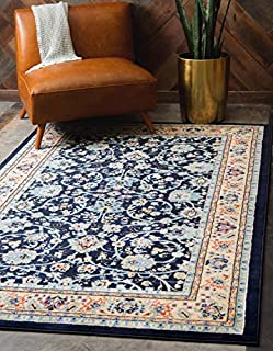 Unique Loom Kashan Collection Traditional Floral Overall Pattern with Border Navy Blue Area Rug (5' 0 x 8' 0)