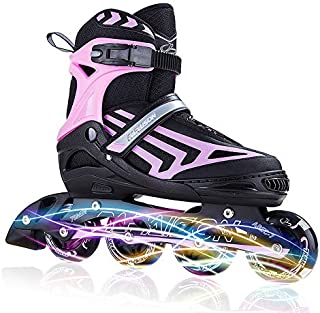 ITurnGlow Boys Adjustable Inline Skates for Kids and Adults with Full Light Up LED Wheels, Outdoor Blades Roller Skates for Girls,Woman, Men and Women Pink Size