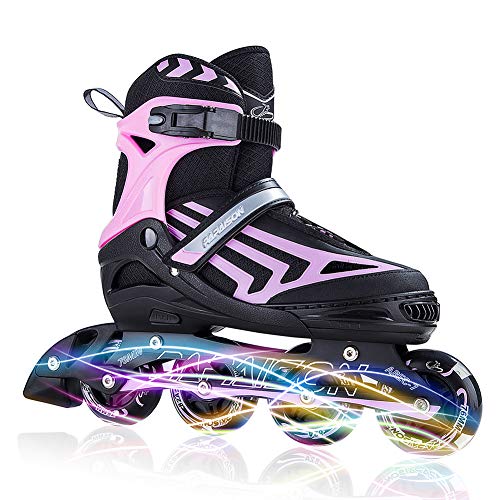 ITurnGlow Boys Adjustable Inline Skates for Kids and Adults with Full Light Up LED Wheels, Outdoor Blades Roller Skates for Girls,Woman, Men and Women Pink Size