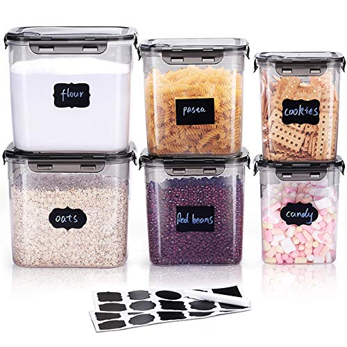 LARDERGO Cereal Container, 6 Pieces Plastic Flour Storage Containers, BPA Free Food Storage Containers with Lids Airtight for Sugar and Spaghetti - 20 Labels