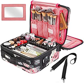 Kootek Travel Makeup Bag 2 Layer Portable Train Cosmetic Case Organizer with Mirror Shoulder Strap Adjustable Dividers for Cosmetics Makeup Brushes Toiletry Jewelry Digital Accessories (Flower)