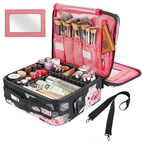 Kootek Travel Makeup Bag 2 Layer Portable Train Cosmetic Case Organizer with Mirror Shoulder Strap Adjustable Dividers for Cosmetics Makeup Brushes Toiletry Jewelry Digital Accessories (Flower)