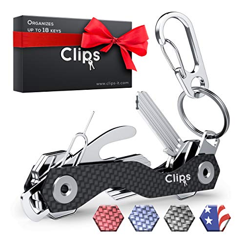 Clips Smart Compact Key Organizer Holder Keychain - Made of Carbon Fiber & Stainless Steel- Pocket Organizer Up to 28 Keys- Lightweight, Strong Includes Bottle Opener, Carabiner & More