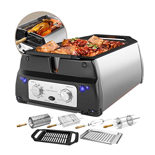 ChefWave Smokeless Indoor Electric Grill & Rotisserie  5 in 1 Non-Stick Tabletop Kitchen BBQ Grill with Infrared Technology  Includes Kebab & Skewer Set, Fries Basket & Fish Cage, Drip Tray