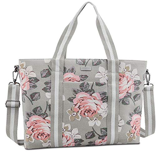 MOSISO Laptop Tote Bag for Women (Up to 17.3 inch), Canvas Rose Multifunctional Work Travel Shopping Duffel Carrying Shoulder Handbag Compatible with MacBook, Notebook and Chromebook, Grey