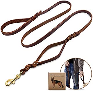 Wellbro Luxury Genuine Leather Double Handle Dog Leash, Braided Training Lead with Traffic Handle, Easy Control and Heavy Duty, 1.8cm Width by 6ft Length, Brown