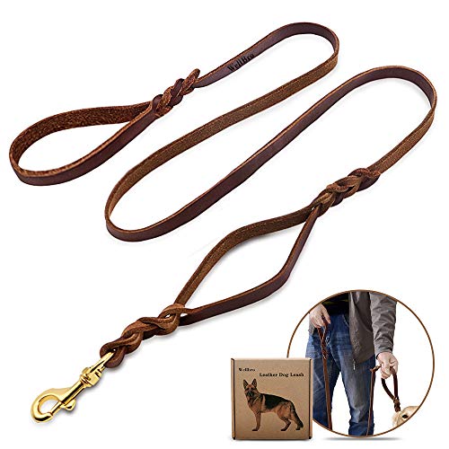 Wellbro Luxury Genuine Leather Double Handle Dog Leash, Braided Training Lead with Traffic Handle, Easy Control and Heavy Duty, 1.8cm Width by 6ft Length, Brown