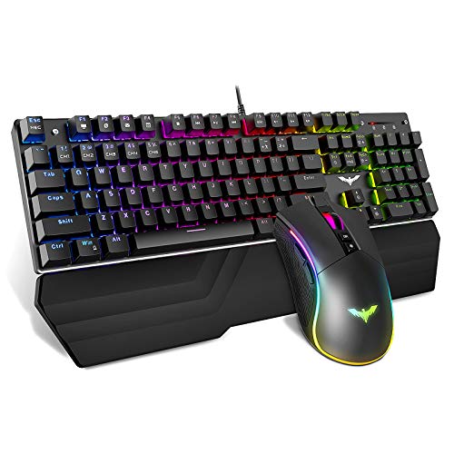 Havit Mechanical Keyboard and Mouse Combo RGB Gaming 104 Keys Blue Switches Wired USB Keyboards with Detachable Wrist Rest, Programmable Gaming Mouse for PC Gamer Computer Desktop (Black)