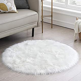 CIICOOL Soft Faux Sheepskin Fur Area Rugs Round Fluffy Rugs for Bedroom Silky Fuzzy Carpet, Furry Rug for Living Room Girls Rooms, White 3 x 3 Feet