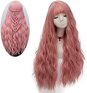 netgo Women's Pink Wig Long Fluffy Curly Wavy Hair Wigs for Girl Heat Friendly Synthetic Cosplay Party Wigs