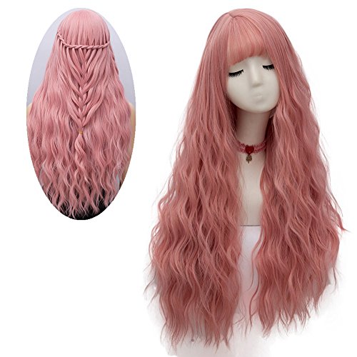 netgo Women's Pink Wig Long Fluffy Curly Wavy Hair Wigs for Girl Heat Friendly Synthetic Cosplay Party Wigs