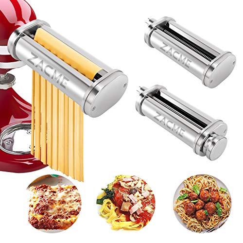 Pasta Maker Attachment, ZACME 3 in 1 Pasta Roller & Cutter Attachments Set for KitchenAid Stand Mixers, Including Durable Pasta Sheet Roller, Spaghetti Cutter, Fettuccine Cutter (Silver)