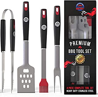 American BBQ Grill Tools - Premium Grilling Set Kit - 4 Piece Utensils Spatula, Tongs, Fork, Basting Brush - Heavy Duty Stainless Steel Barbecue Accessories - Best Gift for Him Men - 10 Year Warranty