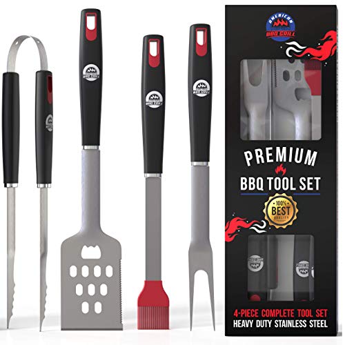 American BBQ Grill Tools - Premium Grilling Set Kit - 4 Piece Utensils Spatula, Tongs, Fork, Basting Brush - Heavy Duty Stainless Steel Barbecue Accessories - Best Gift for Him Men - 10 Year Warranty