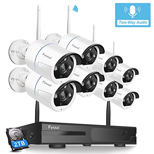 Two-Way Audio Security Camera System Wireless, Fyuui 1080P 8 Channel Wireless Surveillance NVR with 2TB Hard Drive, 8pcs 2.0 Megapixel (1920×1080P) WiFi IP Bullet Camera Outdoor Indoor,Remote Access