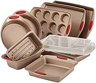 Rachael Ray 52410 Cucina Nonstick Bakeware Set with Baking Pans, Baking Sheets, Cookie Sheets, Cake Pan, Muffin Pan and Bread Pan - 10 Piece, Latte Brown with Cranberry Red Grip