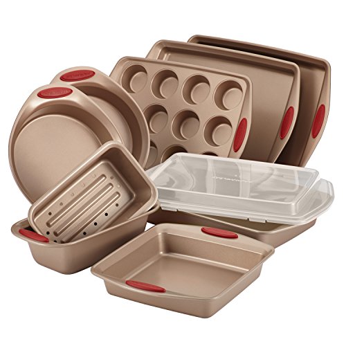 Rachael Ray 52410 Cucina Nonstick Bakeware Set with Baking Pans, Baking Sheets, Cookie Sheets, Cake Pan, Muffin Pan and Bread Pan - 10 Piece, Latte Brown with Cranberry Red Grip