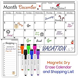 USA Made Magnetic Dry Erase Calendar for Refrigerator with 6 Markers & Magnetic Shopping List  Kitchen Fridge Calendar White Board, Schedule Planner Wall Set