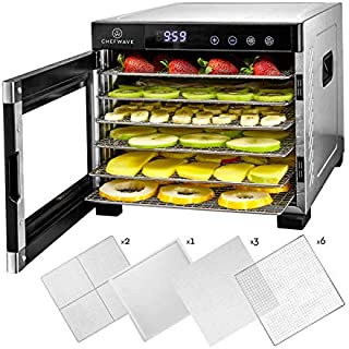 ChefWave CW-FD 6 Tray Food Dehydrator Machine, Digital Temperature Control & Timer, 3 Teflon Sheets, 2 Mesh Sheets and Drip Tray - for Dried Fruit, Jerky, Herbs - Recipe Book Stainless Steel