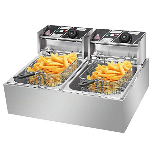 RICA-J Professional Electric Deep Fryer, Stainless Steel Commercial Frying Machine Chicken Chips French Fryer with Basket &Lid for Commercial Restaurant Countertop Family Food Cooking (12L)