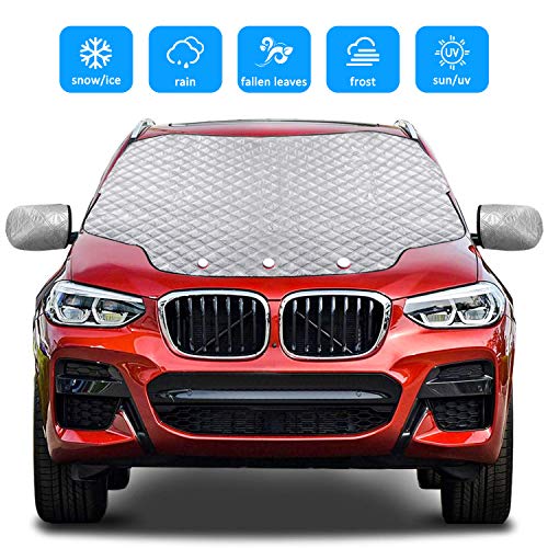 Gintenco Car Windshield Snow Cover, Frost Ice Windscreen Covers with Magnetic Edges, 4 Layers Thickness Snow Protector Covers with Side Mirrors Cover Easy to Use for Car SUV CRV Trucks