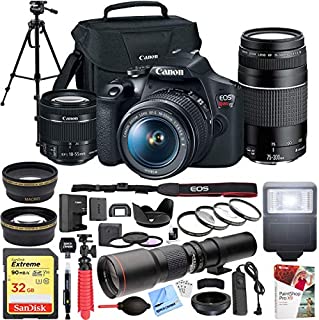 Canon EOS Rebel T7 DSLR Camera with EF 18-55mm with EF 75-300mm Double Zoom Kit Bundle with 500mm Preset Telephoto Lens, 32GB Memory Card, Tripod, Paintshop Pro 2018 and Accessories (10 Items)