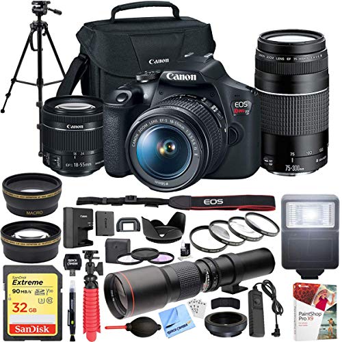 Canon EOS Rebel T7 DSLR Camera with EF 18-55mm with EF 75-300mm Double Zoom Kit Bundle with 500mm Preset Telephoto Lens, 32GB Memory Card, Tripod, Paintshop Pro 2018 and Accessories (10 Items)