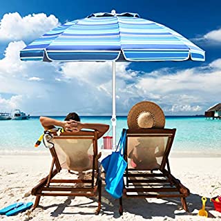 Aclumsy 7ft Beach Umbrella with Tilt Aluminum Pole and UPF 50+, Air Vents Design and Portable Sun Shelter for Sand and Outdoor Activities - Blue White Stripe