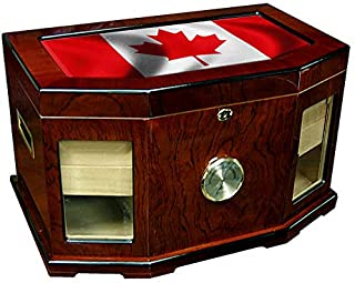 Large Premium Desktop Humidor - Glass Top - Flag of Canada (Canadian) - Waves Design - 300 Cigar Capacity - Cedar Lined with Two humidifiers & Large Front Mounted Hygrometer.