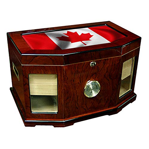 Large Premium Desktop Humidor - Glass Top - Flag of Canada (Canadian) - Waves Design - 300 Cigar Capacity - Cedar Lined with Two humidifiers & Large Front Mounted Hygrometer.