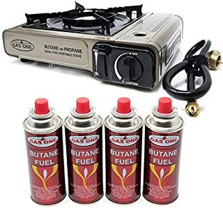 GasOne Propane or Butane Stove GS-3400P Dual Fuel Portable Camping and Backpacking Gas Stove Burner with Carrying Case Great for Emergency Preparedness Kit (Gold) (Stove + 4 Butane Fuel)