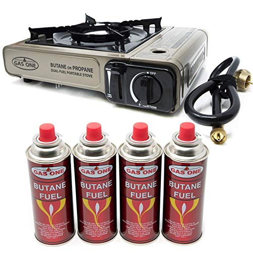 GasOne Propane or Butane Stove GS-3400P Dual Fuel Portable Camping and Backpacking Gas Stove Burner with Carrying Case Great for Emergency Preparedness Kit (Gold) (Stove + 4 Butane Fuel)