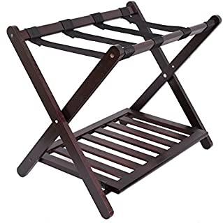 BirdRock Home Luggage Rack Stand with Shoe Shelf - Compact Folding Design - Bedroom Guest Room Suitcase Home Organization - Stable Durable Suitcases Racks Foldable Baggage Holder - Bamboo Walnut Color