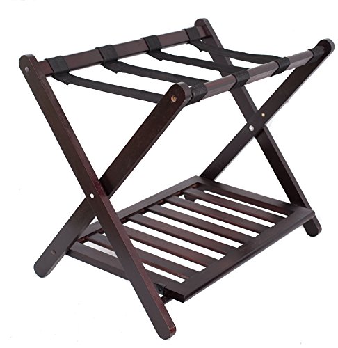 BirdRock Home Luggage Rack Stand with Shoe Shelf - Compact Folding Design - Bedroom Guest Room Suitcase Home Organization - Stable Durable Suitcases Racks Foldable Baggage Holder - Bamboo Walnut Color