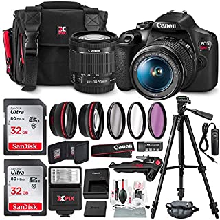 Canon T7 EOS Rebel DSLR Camera with EF-S 18-55mm f/3.5-5.6 is II Lens W/Telephoto & Wideangle Lens 3 Pc. Filter Kit + Tripod + Flash & 2 X 32GB SD Card and Basic Accessory Kit