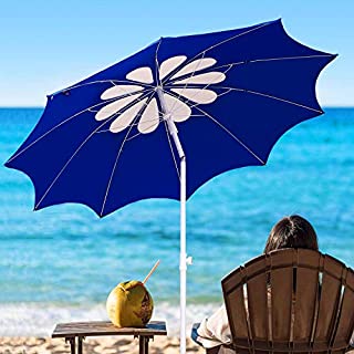 AMMSUN 7ft Beach Umbrella with Tilt Telescopic Pole and UPF 100+, Flower Vents Design and Portable Sun Shelter for Sand and Outdoor Activities, Carry Bag and Without Sand Anchor Blue/White
