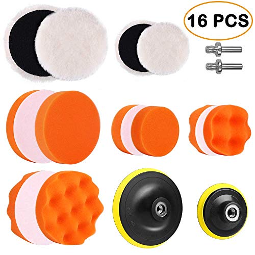 Electop 5 Inch & 3 Inch Drill Buffing Sponge Pads Car Foam Woolen Polishing Pads Kit for Car Buffer Polisher Sanding Waxing Sealing Glaze 16 PCS(12 Pads+2 Drill Adapters+2 Suction Cups)