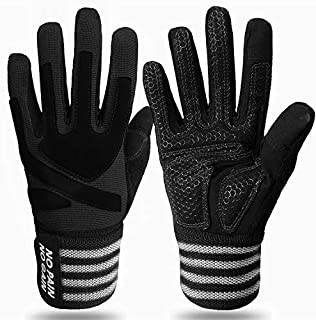 Crossfit Gloves for Men Women Full Finger with Wrist Strap Support, Padded Grip for Weight Lifting Gym Fitness Exercise Training Male Female (Black, Large)