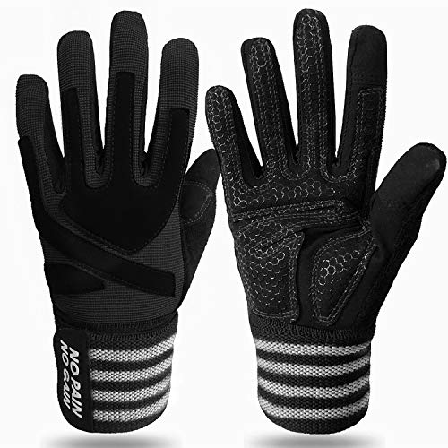 Crossfit Gloves for Men Women Full Finger with Wrist Strap Support, Padded Grip for Weight Lifting Gym Fitness Exercise Training Male Female (Black, Large)