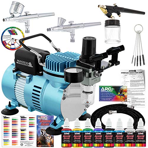 Master Airbrush Cool Runner II Dual Fan Air Compressor Professional Airbrushing System Kit with 3 Airbrushes, Gravity and Siphon Feed - 6 Primary Opaque Colors Acrylic Paint Artist Set - How to Guide