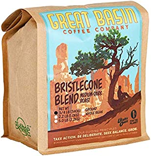 Great Basin Coffee Co. Medium Dark Roast Ground Coffee - Gourmet Small Batch Bristlecone Blend, Specialty Arabica and Robusta, Perfect for Making French Press, Cold Brew and Pour Over Coffee 3/4 lb (340 g)