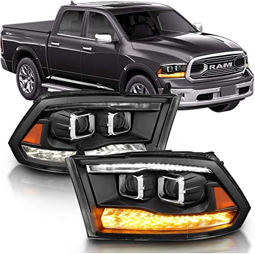 AmeriLite Black Dual Projector Headlights Assembly Switchback Dual LED Bar Parking Turn Signal for 2009-2018 Both Model Dodge Ram 1500 2500 3500 Pickup Truck - Passenger and Driver Side Set